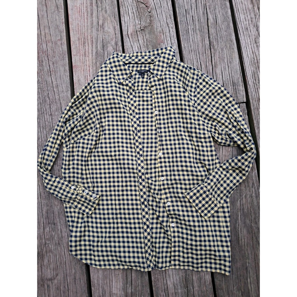 Talbots Yellow & Navy Blue Plaid Cotton Button Long Sleeve Shirt Top, 1X P C3